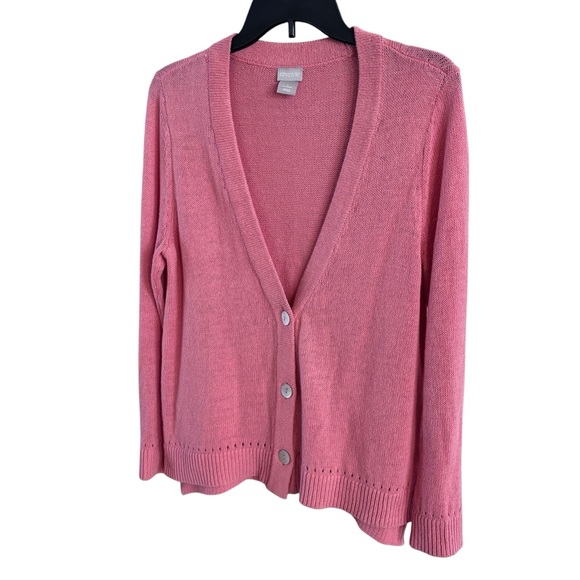 Chico's Women’s Linen Blend Coral Cardigan Sweater Sz 1 - Picture 2 of 10
